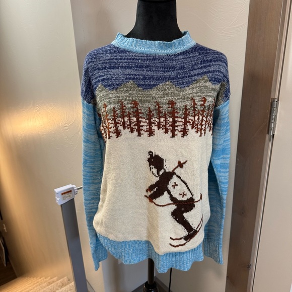 Vintage Knit Ski Sweater Mock Neck Blue White Alps Skiing Winter Art to Wear M - Picture 1 of 7